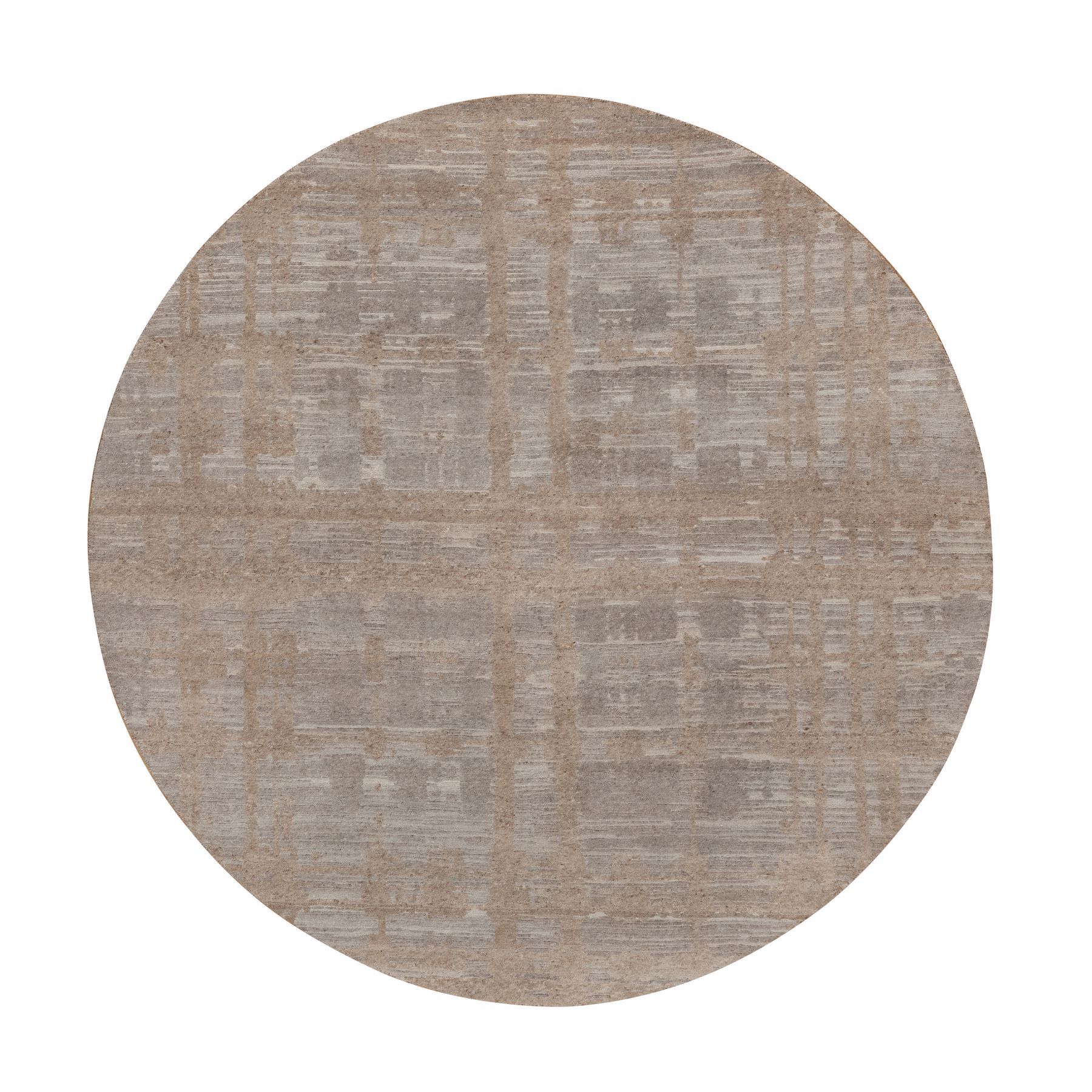 Amphora Brown, Hand Knotted, Modern Criss Cross Erased Design, Hand Spun Undyed Natural Wool, Round, Oriental Rug
